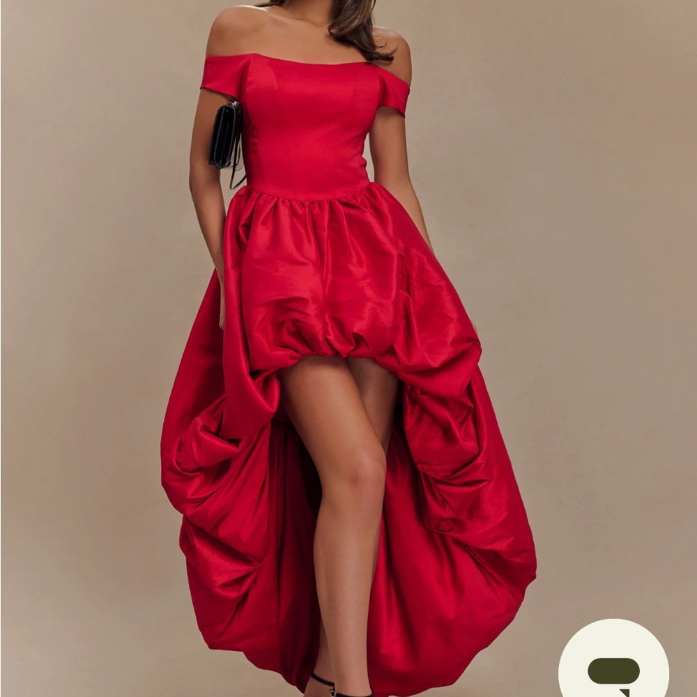 NWT Meshki Ruby Red Bubble High Low Off-Shoulder Dress